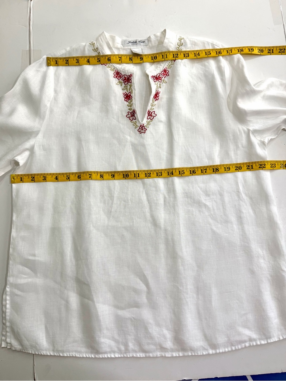 White Linen Floral Embroidered Top Size 16 Boho Peasant Tunic Breathable Summer - Picture 10 of 11